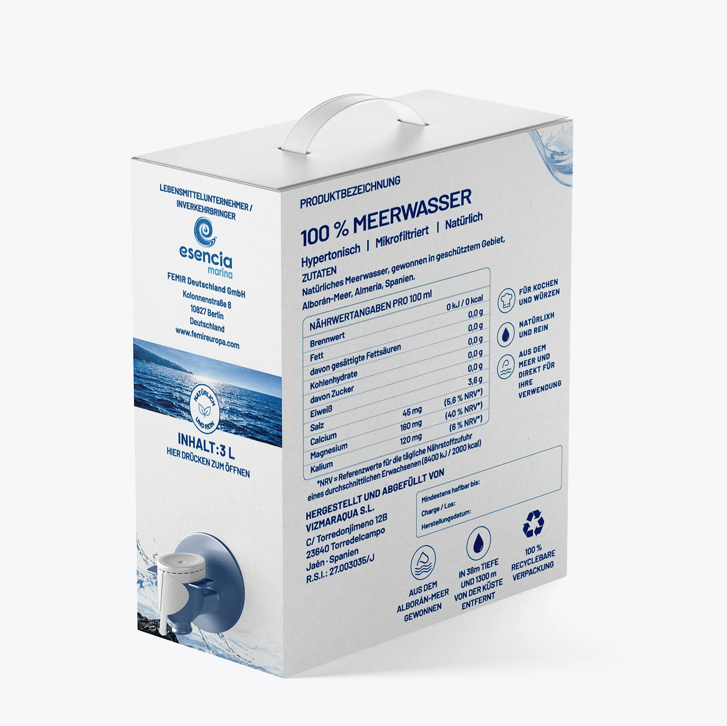Esencia Marina Meerwasser 3 L Bag-in-Box – Rückseite